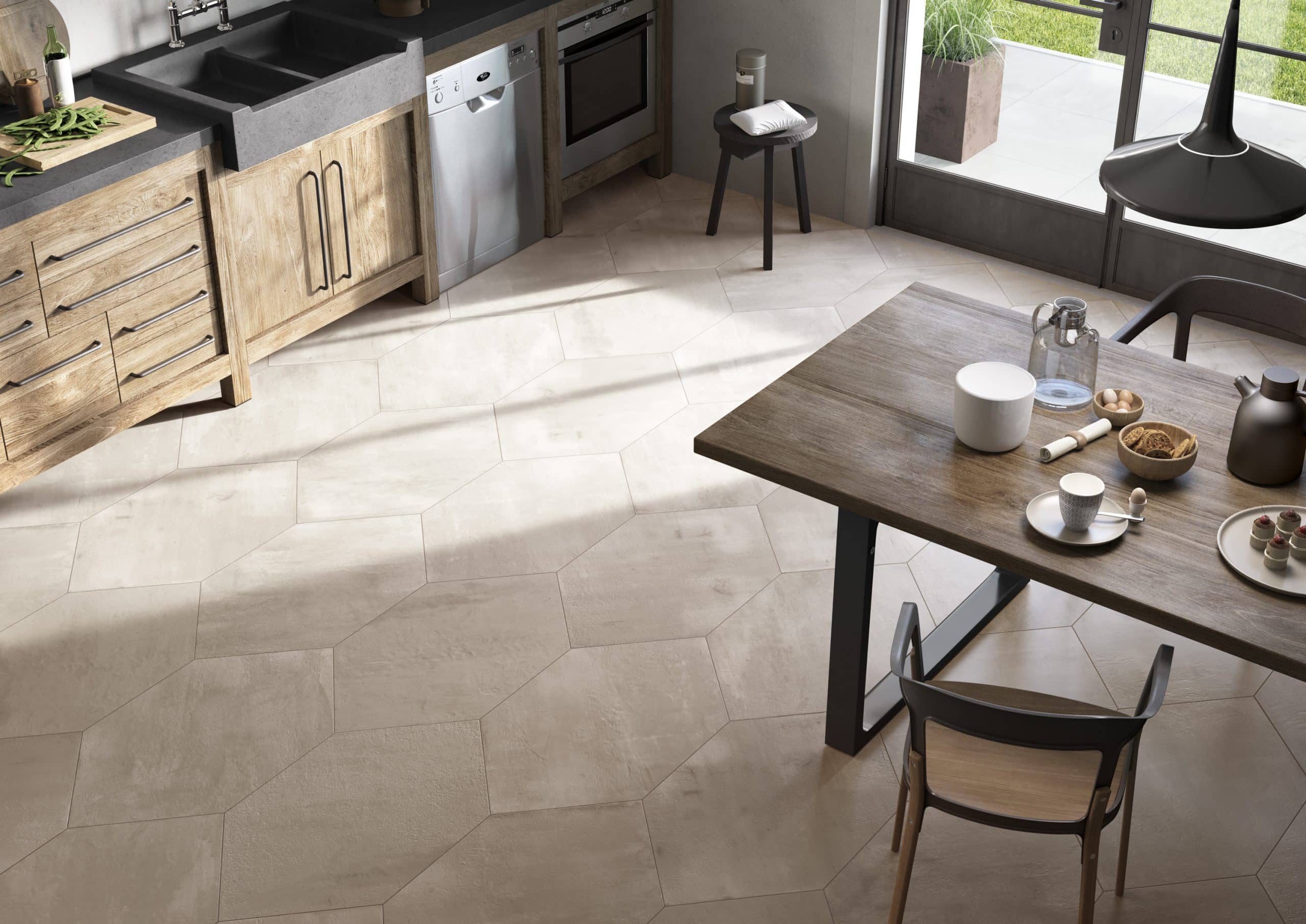 A stunningly designed Crema Marfil marble tile.