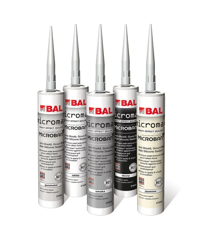 Group shot of five grout-effect silicone tubes, showing gunmetal, white, smoke, ebony and jasmine colours